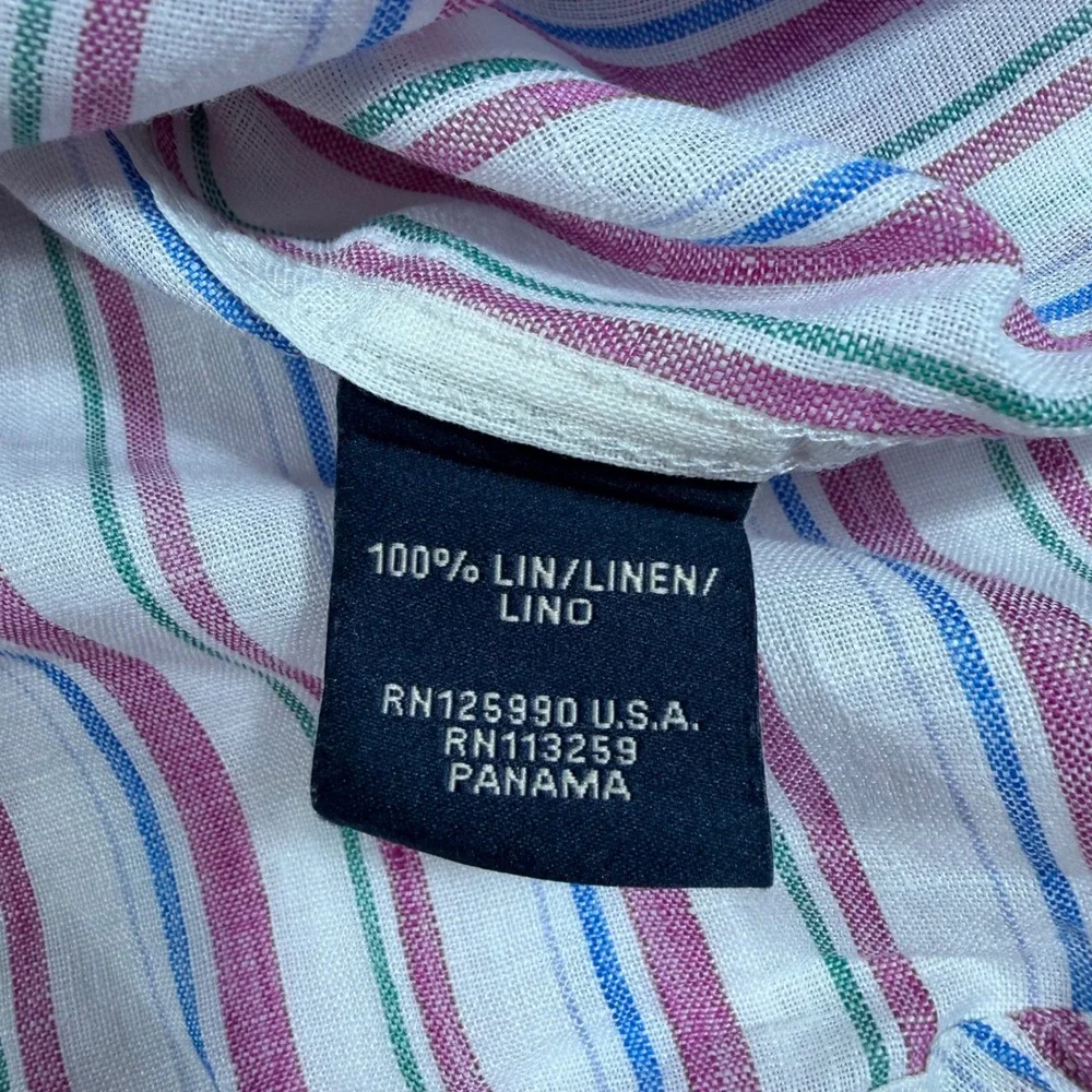 Façonnable Club Button Up Shirt Mens L Stripe 100% Linen‎ Elbow Patch Preppy EUC